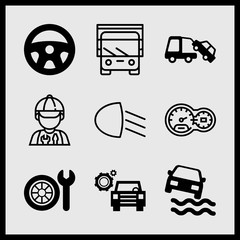 Simple 9 icon set of car related steering wheel, towing a car, car lights and car with cogwheels vector icons. Collection Illustration