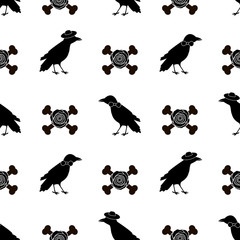 Seamless pattern with black ravens, bones and flowers on the white background