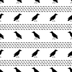 Seamless pattern with black ravens on the white background