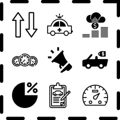 Simple 9 icon set of finance related profits, emergency car facing right, dashboard and document vector icons. Collection Illustration