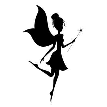Silhouette of magical fairy with her wand on white background