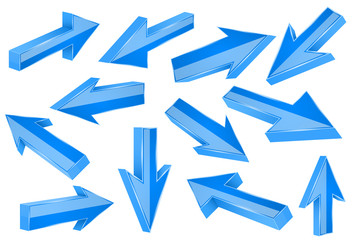 Blue 3d arrows. Set of shiny straight signs