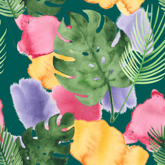 Tropische aquarel naadloze patroon, botanische moderne mode. Boheemse exotische Monstera textielontwerp. Winter, zomer vintage mode prints, eclectisch geschilderd bloemmotief. Druppels en Monstera.