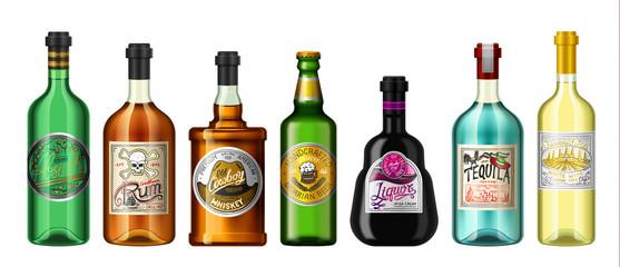 Alcohol drinks in a bottle with different vintage labels. Realistic Absent Liqueur Tequila Wine Whiskey Beer Rum. Vector illustration for the menu. logo engraved hand drawn.