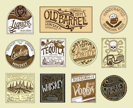 Vintage American badge. Absinthe Tequila Vodka Liqueur Rum Wine Strong whiskey Beer. Alcohol Label with calligraphic elements. Frame for poster banner. Hand drawn engraved lettering for t-shirt.