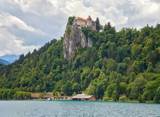 Fototapeta na wymiar Bled Castle at Bled lake in Slovenia - panorama