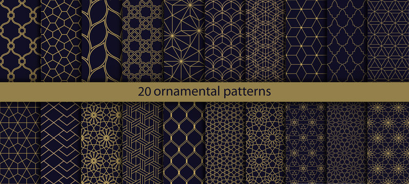 Big set of 20 oriental patterns. White and gold background with Arabic ornaments. Patterns, backgrounds and wallpapers for your design. Textile ornament. Vector illustration.