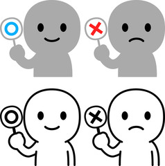 マルとバツの札を持った人物