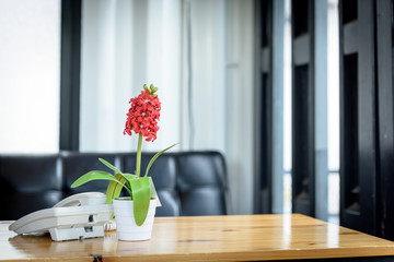 Flowers and phones on the wood desk at work