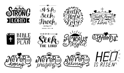 Set of 12 Hand lettering christian quotes Be strong in the Lord. Ask,seek,knock. Faith,hope,love. Bible reading plan. Thankful. He is risen.