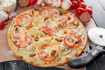 Top view of fresh baked pizza