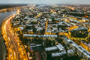 Drone aerial view of Kaunas city at night