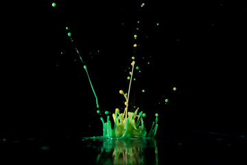 Abstract sculptures of colorful splashes of paint. Dancing liquid on a black background. Ink water splash. Color explosion.