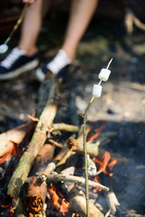 Camp tradition. How to roast marshmallows. Roasty, toasty marshmallows such quintessential taste of picnic. Holding marshmallow on stick. Marshmallows on stick with bonfire and smoke on background