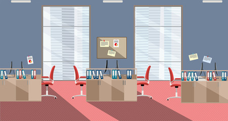 flat illustration of modern office interior with large windows in skyscraper with furniture and computers in red and gray colors. Open space for 6 people. Order on tables, folders, scraps on walls