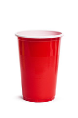 Red plastic cup isolated in a white background