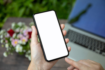 female hand holding phone isolated screen over desk with laptop
