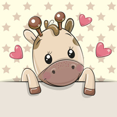 Cartoon giraffe is holding a placard on a stars background