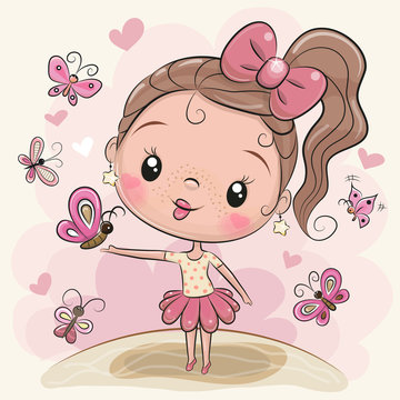 Cute Cartoon Girl with butterflies