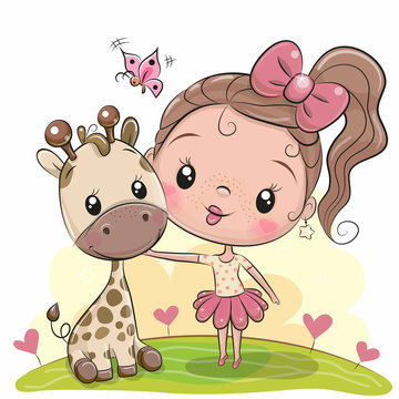 Cute Cartoon Girl with giraffe