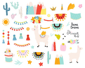 Set of cute llama elements and cactus. Vector hand drawn illustration. © bilaaa