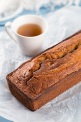 Fresh homemade banana bread  with cup of tea