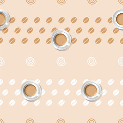 Seamless vector pattern with cups of coffee and coffee beans