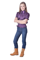 Fototapeta premium Happy little girl in jeans posing 