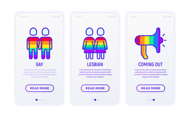 LGBT thin line icons: gay, lesbian, coming out. Modern vector illustration for user mobile app.