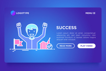 Success concept: smiling man with hands raised has achieved career growth. Vector illustration, web page template on gradient background.