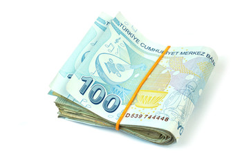 Turkish banknotes. Turkish Lira ( TL ) isolated on white background.