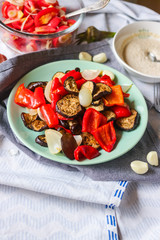 Tasty roasted grilled vegetables (Ratatouille) with eggplant, red pepper, onion, grilled. Vegan lunch, vegetarian healthy dinner. Vegetarian food concept