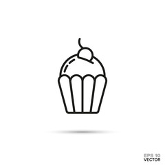 cupcake with cherry on top vector line icon. Sweet food symbol.