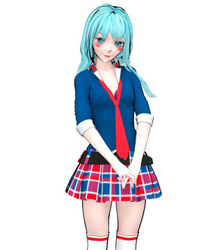 3D sexy anime doll japanese anime schoolgirl big blue eyes and bright makeup. Skirt cage. Cartoon, comics, sketch, drawing, manga illustration. Conceptual fashion art. Seductive candid pose.

