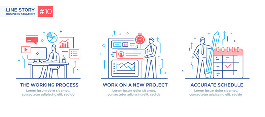 Set of illustrations concept with business concept. Workflow, growth, graphics. Business development, milestones, start-up. linear illustration Icons infographics. Landing page site print poster. Line