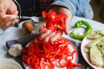Bell pepper salad. Delicious healthy natural food full of vitamins from red capsicum. Raw vegan vegetarian food