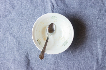 Empty dirty plate or dish. Finished food after lunch or dinner. Kitchenware concept good for restaurants, cafes or kitchen 