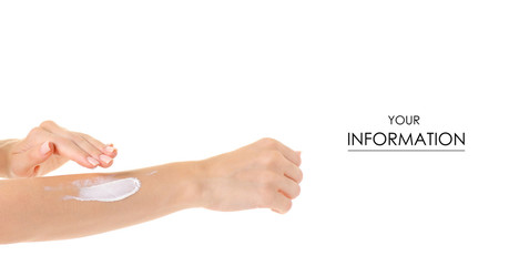 Female hands sunscreen cream for body cream pattern on white background isolation
