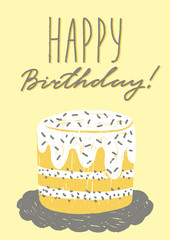 Happy birthday greeting card template, vector illustration with lettering, hand drawn naive childlike style. - 215979339