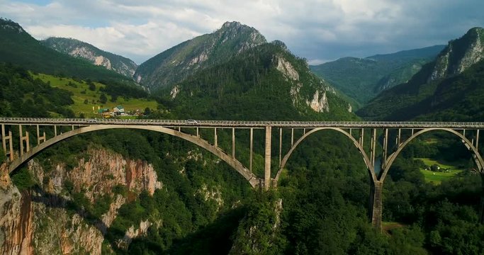 Aerial View of Durdevica Tara Arc Bridge in the Mountains, One of the Highest Automobile Bridges in Europe.