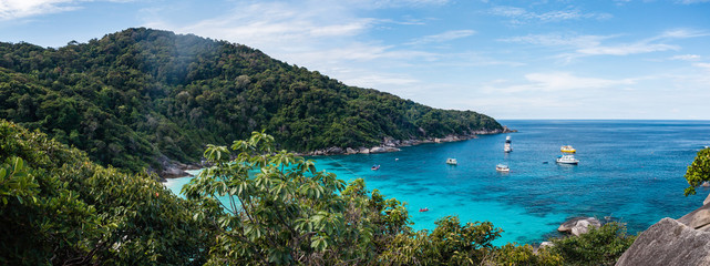 Panoramic view of the beautiful tropical beac and jungle of the Similan Islands in Thailand