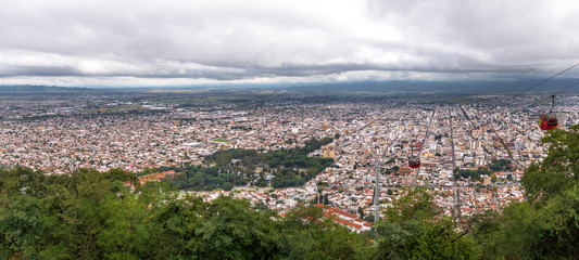 Aerial view of Salta City and cable car from Cerro San Bernardo viewpoint- Salta, Argentina