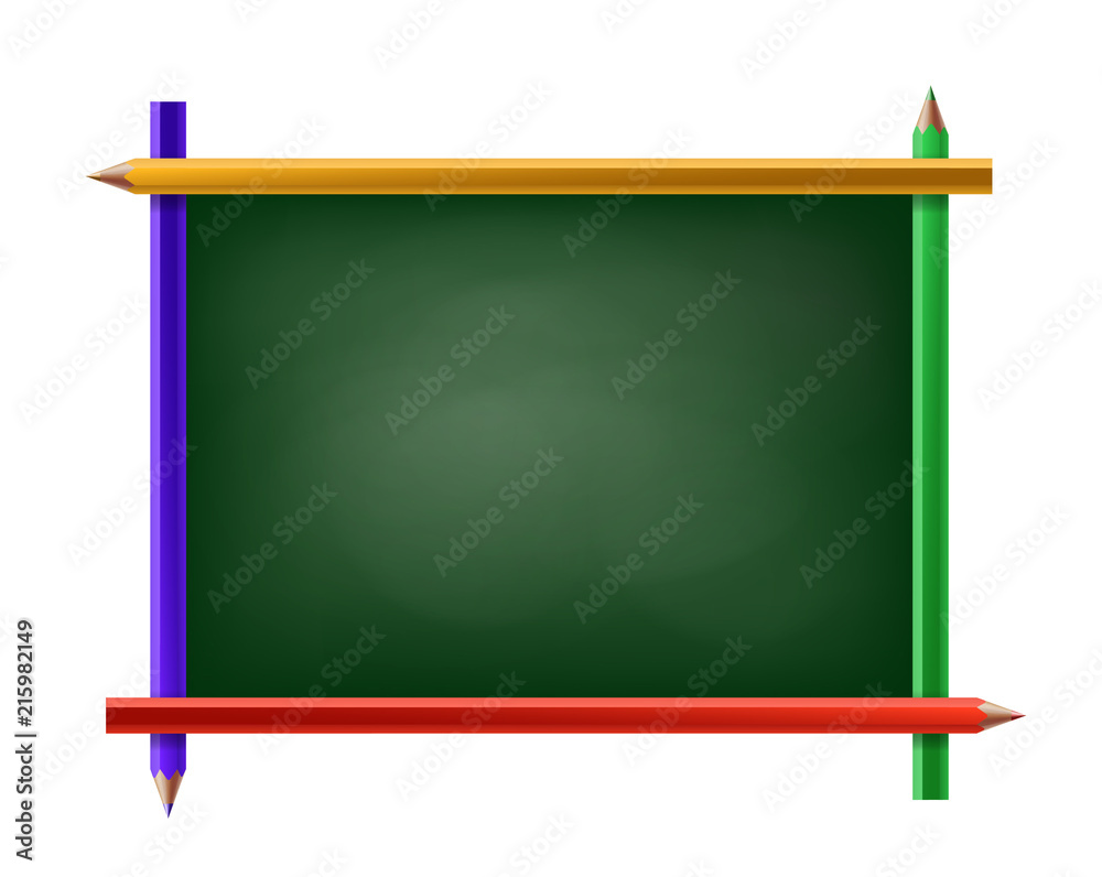 Wall mural Green chalkboard with frame of pencils. Isolated on white background.