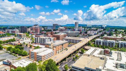 Drone Aerial of Downtown Greenville South Carolina Skyline