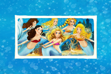 Cartoon fantasy scene of underwater kingdom - beautiful manga girls - mermaid friends -- illustration for children