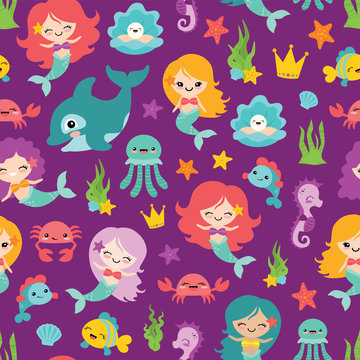 Vector Purple Mermaids and Friends Seamless Pattern Background