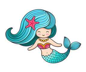 Beautiful mermaid with long hair. Vector colored illustration.