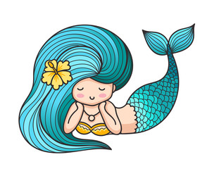 Cute lying dreamy mermaid with blue hair. Vector illustration.