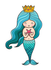 Princess mermaid with long curly hair and golden crown. Vector illustration.
