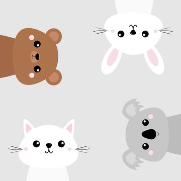 Koala, bear grizzly, rabbit, hare, cat kitten head face set. Pink cheeks. Cute cartoon character. Pet animal collection. Baby background. Flat design